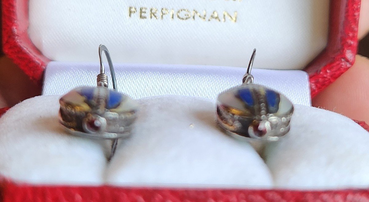 Pair Of Scarab Earrings In Silver And Stone Marquetry-photo-2