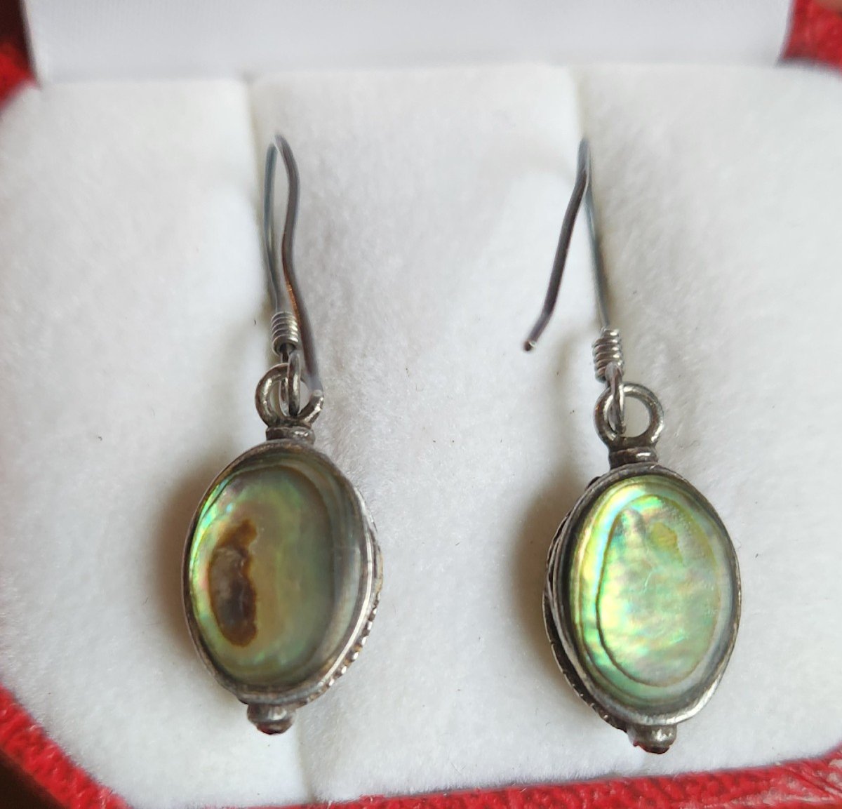 Pair Of Scarab Earrings In Silver And Stone Marquetry-photo-3