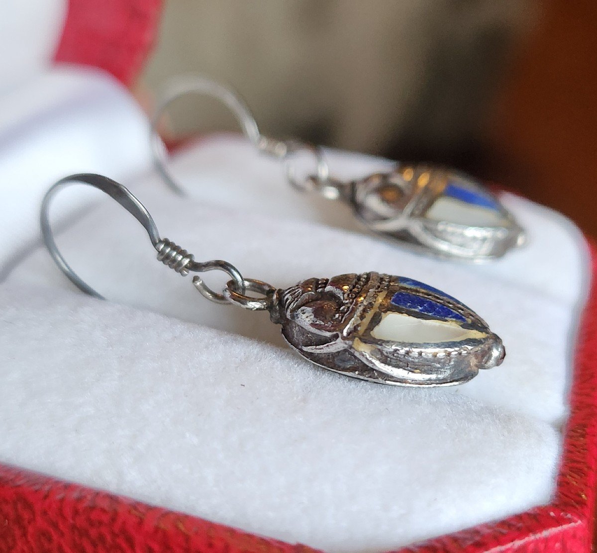 Pair Of Scarab Earrings In Silver And Stone Marquetry-photo-4