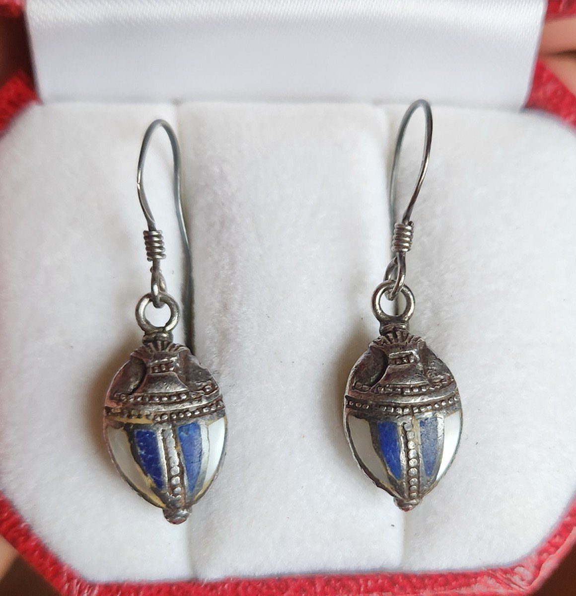 Pair Of Scarab Earrings In Silver And Stone Marquetry