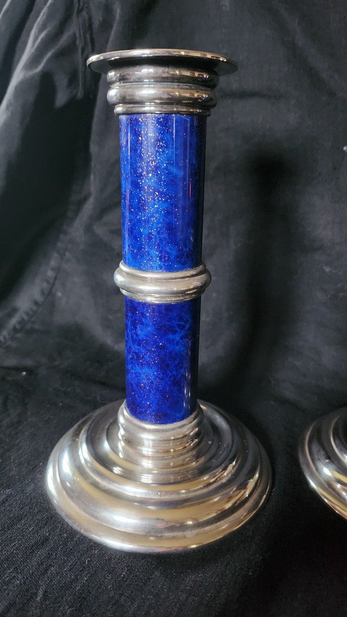 Puiforcat Pair Of Candlesticks In Metal And Lapis Lazuli-photo-2