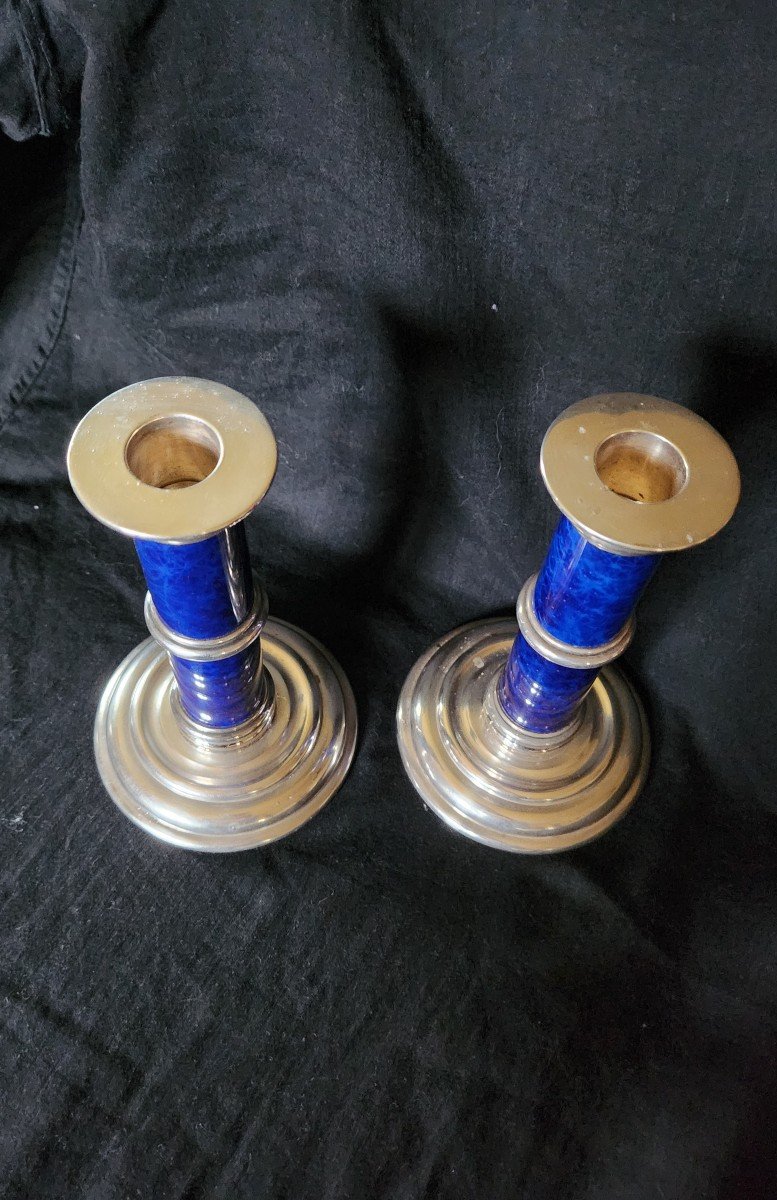 Puiforcat Pair Of Candlesticks In Metal And Lapis Lazuli-photo-3