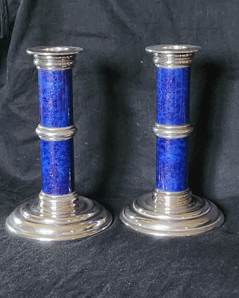 Puiforcat Pair Of Candlesticks In Metal And Lapis Lazuli-photo-2