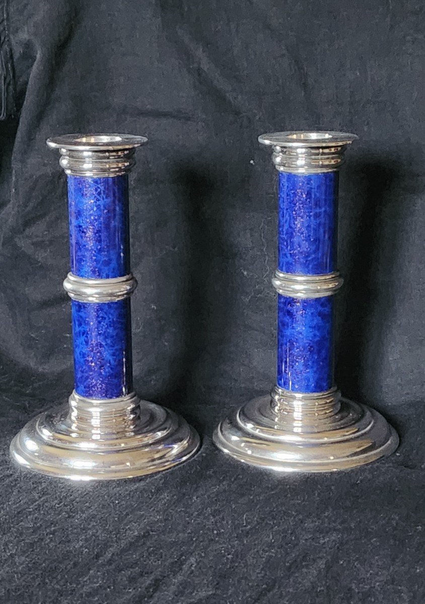 Puiforcat Pair Of Candlesticks In Metal And Lapis Lazuli