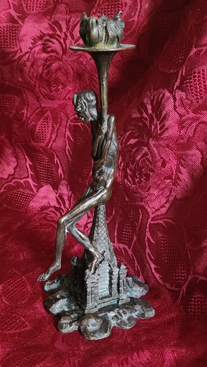 19th Century Gothic Devil Bronze Candle Holder