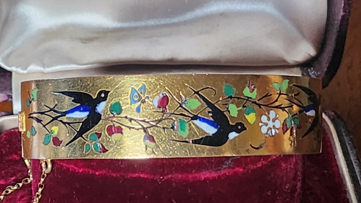 19th Century Pompone And Enamel Bangle Bracelet 