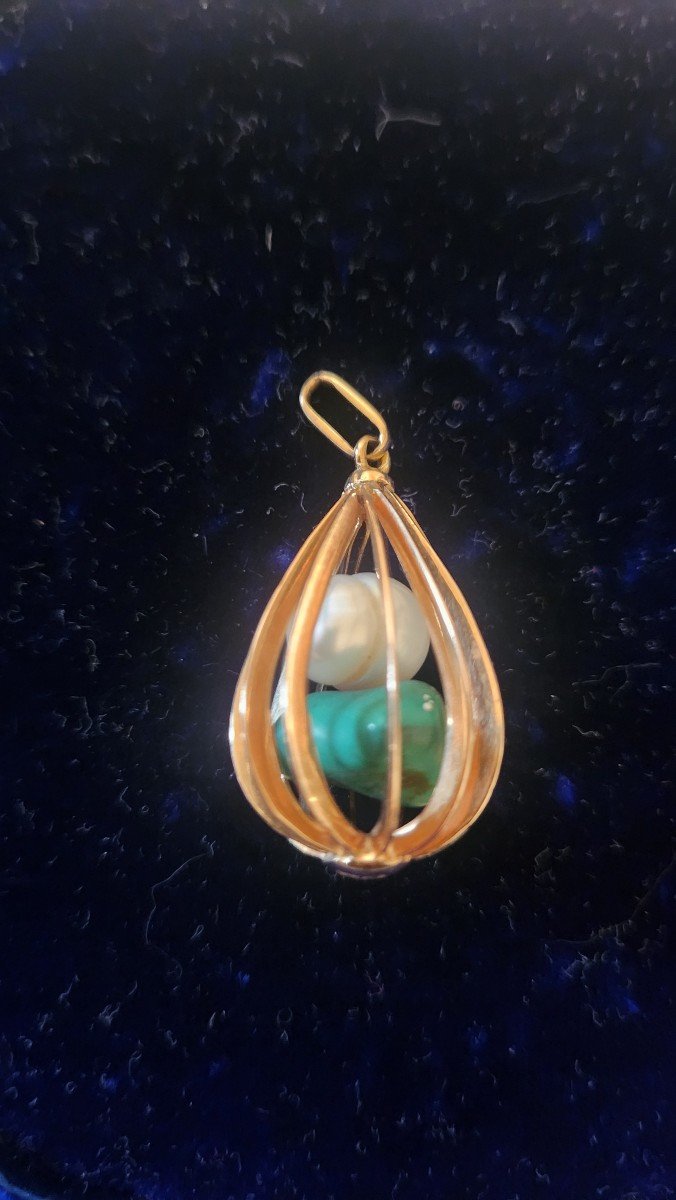 Pendentif Cage Perle Et Turquoise En Or 