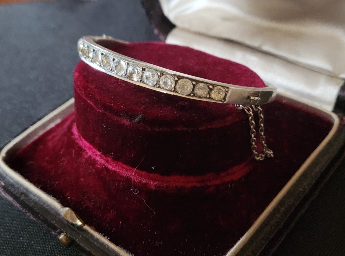 19th Century Silver And Rhinestone Bangle Bracelet 