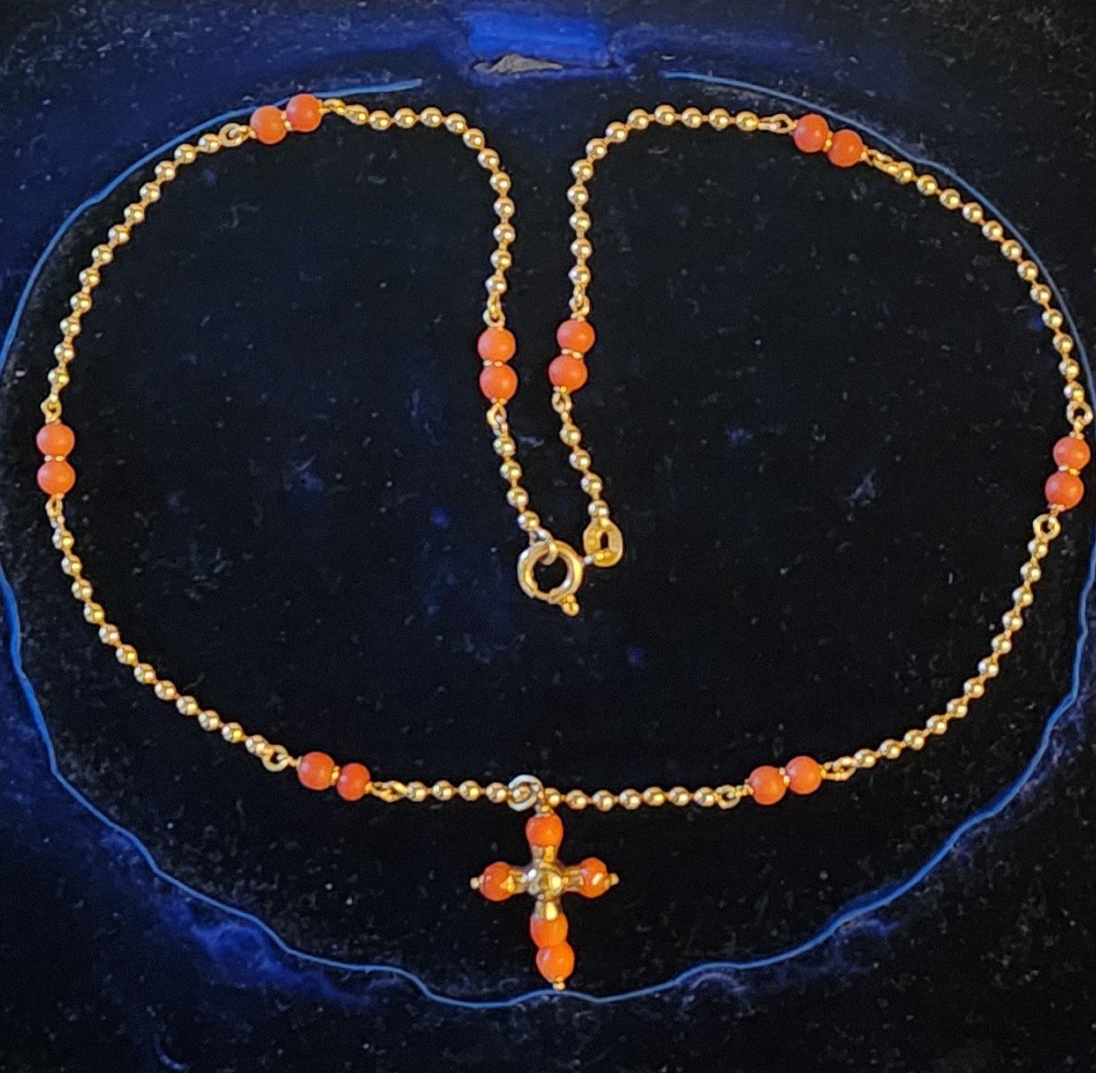 Gold And Coral Necklace Topped With A Cross 19th Century 