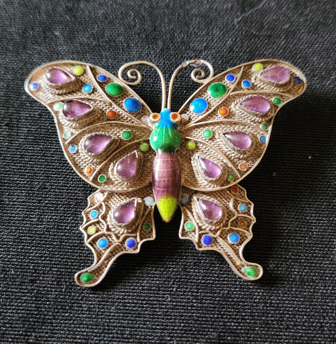 Silver, Enamel And Amethyst Butterfly Brooch 