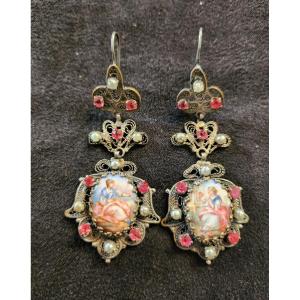 Pair Of Earrings Set With Miniature Enamels 19th Century