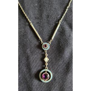 Art Nouveau Enameled Silver And Amethyst Necklace