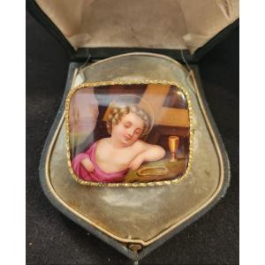 Brooch Sertie D A Miniature On Porcelain 19th Century