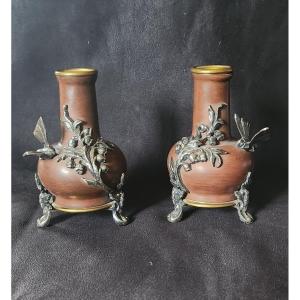 Paire De Vases En Bronze à Décor Japonisant 