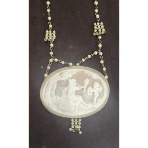 Pearl Necklace And Important Cameo 19 Eme Century