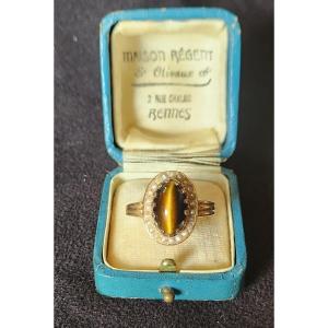 Gold Ring Set With Pearls And Tiger Eye 19th Century 