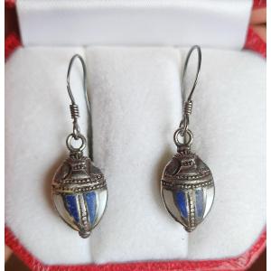 Pair Of Scarab Earrings In Silver And Stone Marquetry