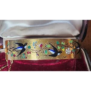 19th Century Pompone And Enamel Bangle Bracelet 