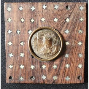 Joan Of Arc Miniature In Horn In A Wood And Mother Of Pearl Frame