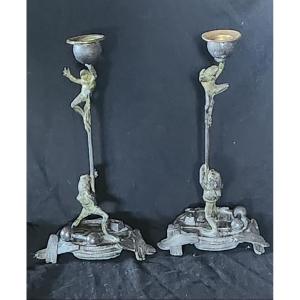 Pair Of Balancing Frog Candlesticks Circa 1920