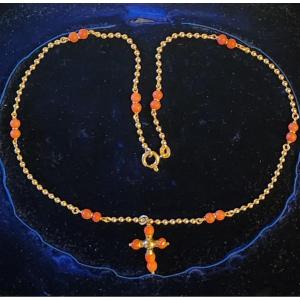 Gold And Coral Necklace Topped With A Cross 19th Century 