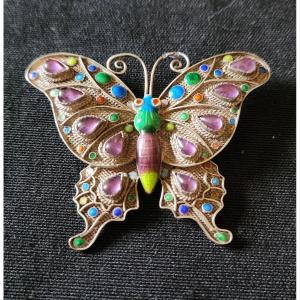 Broche Papillon En Argent, émail Et Améthyste 