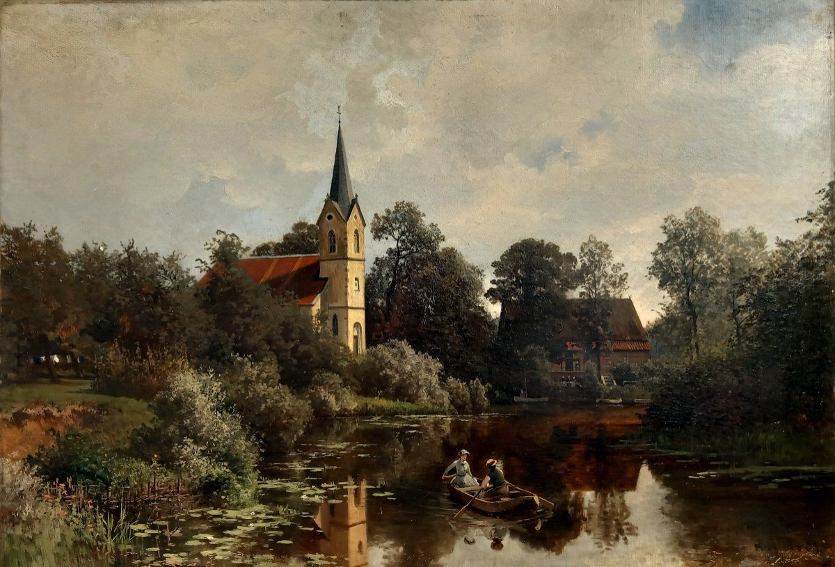 Paysage Romantique Aux élégantes Par Heinrich Deiters 1883 Prusse Dusseldorf Allemagne