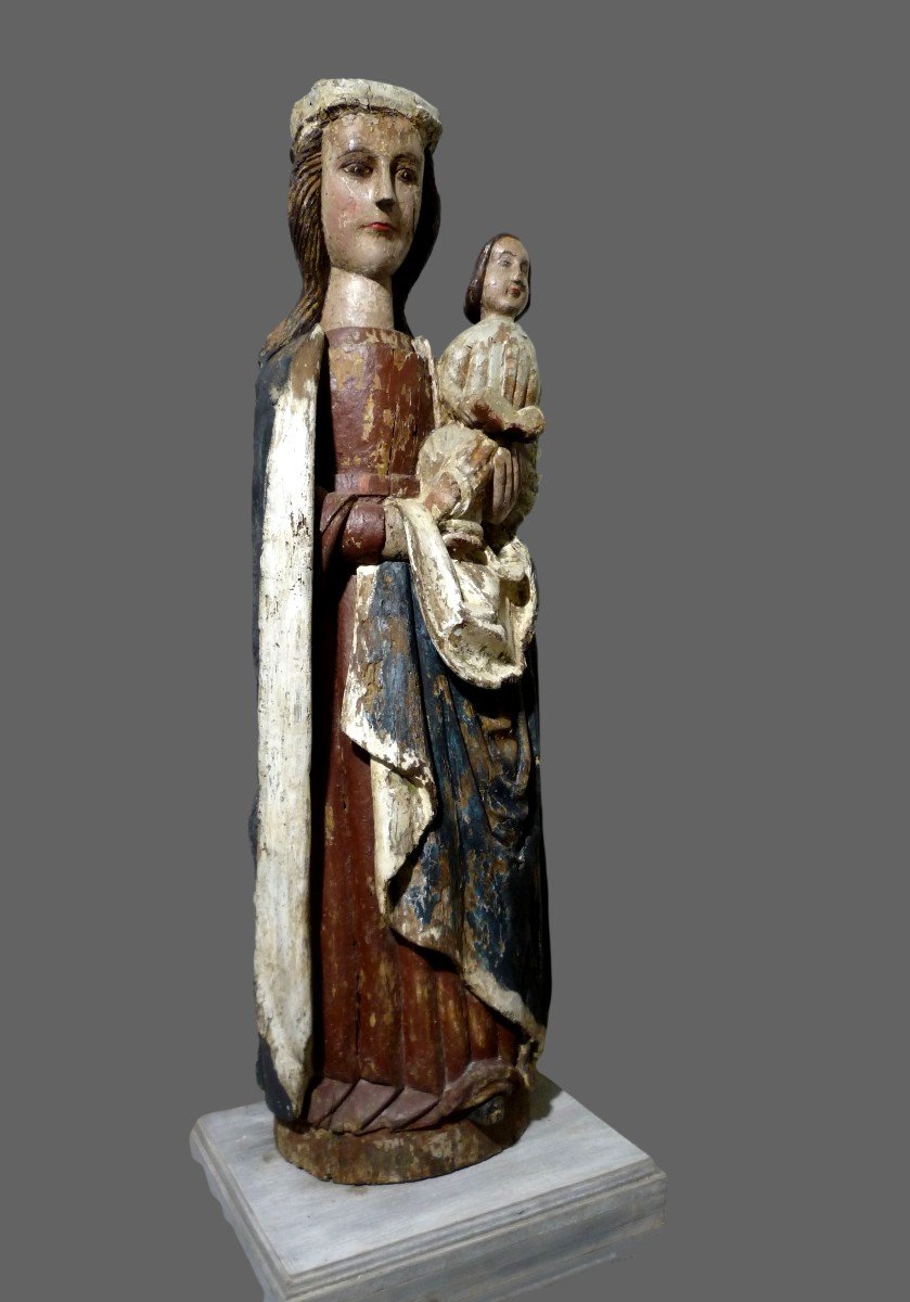 Large Statue Virgin And Child Jesus Polychrome Wood XVI Eme Century-photo-3