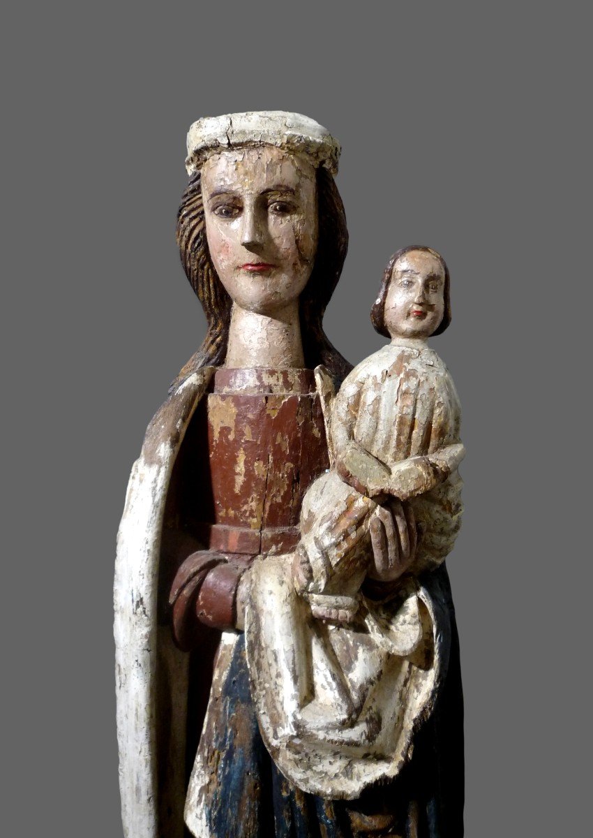 Large Statue Virgin And Child Jesus Polychrome Wood XVI Eme Century-photo-4