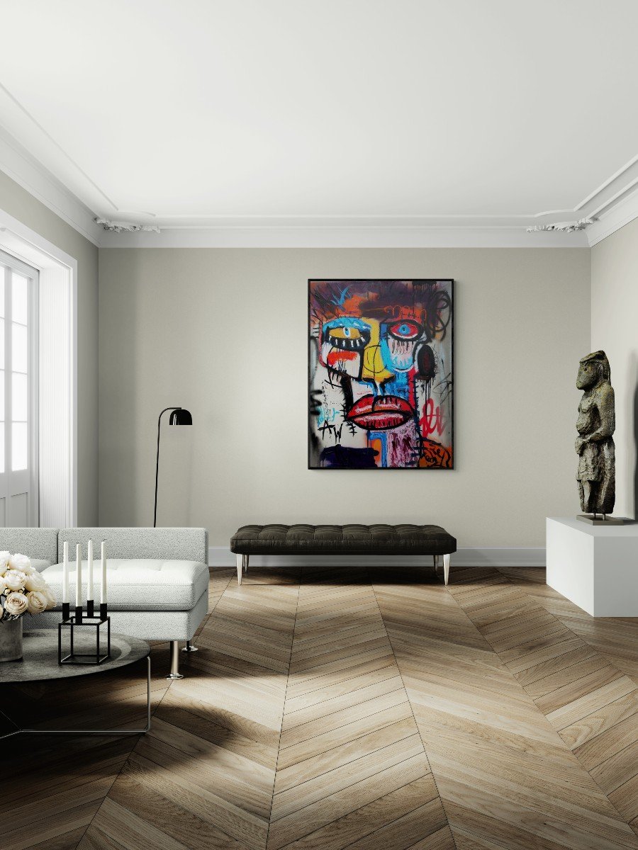 Tadas Zaicikas Portrait, Acrylique Et Media Sur Toile , Basquiat Style . -photo-4