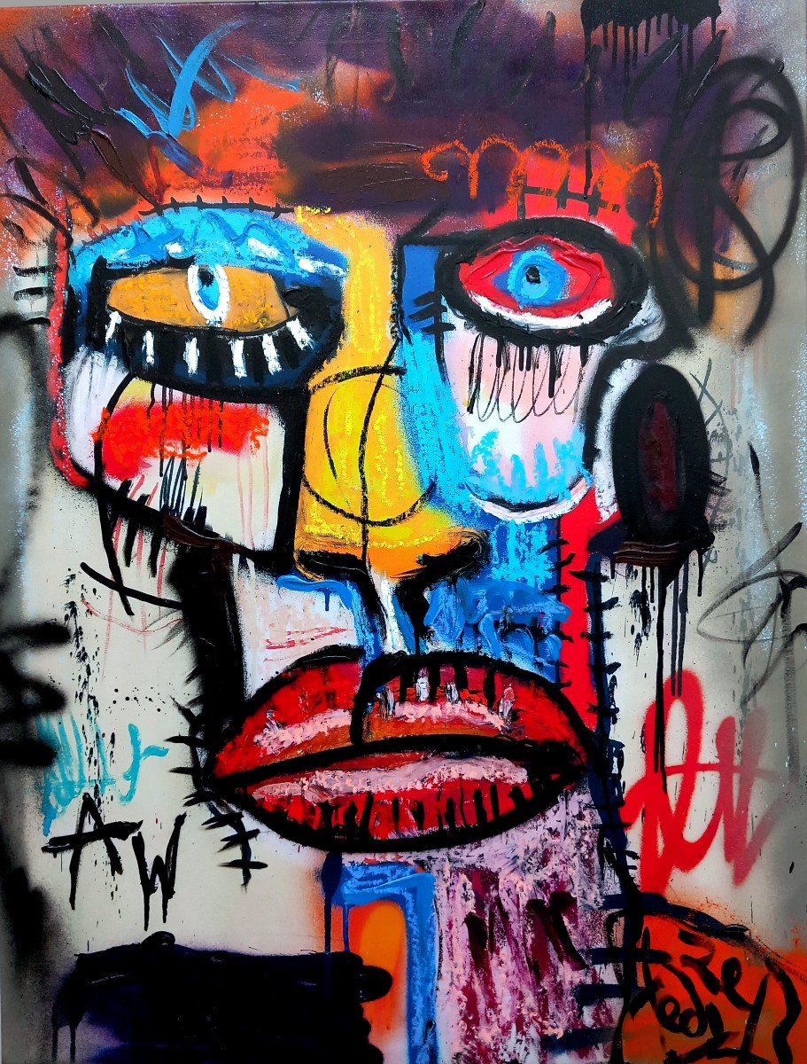 Tadas Zaicikas Portrait, Acrylique Et Media Sur Toile , Basquiat Style . 
