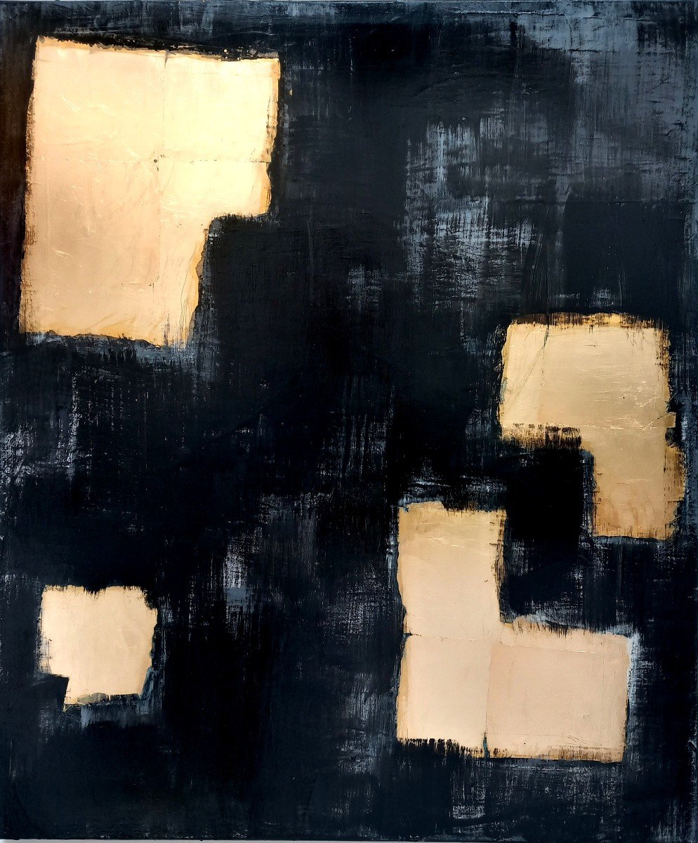 Gold Leaf And Black And Gray Paint, Modern And Minimalist Abstract Painting