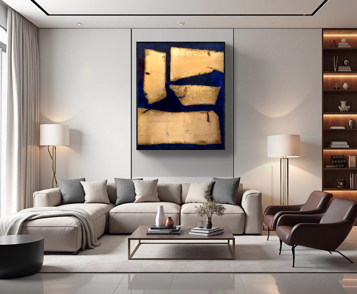 Gold Leaf And Klein Blue Modern Minimalist Abstract Painting-photo-3