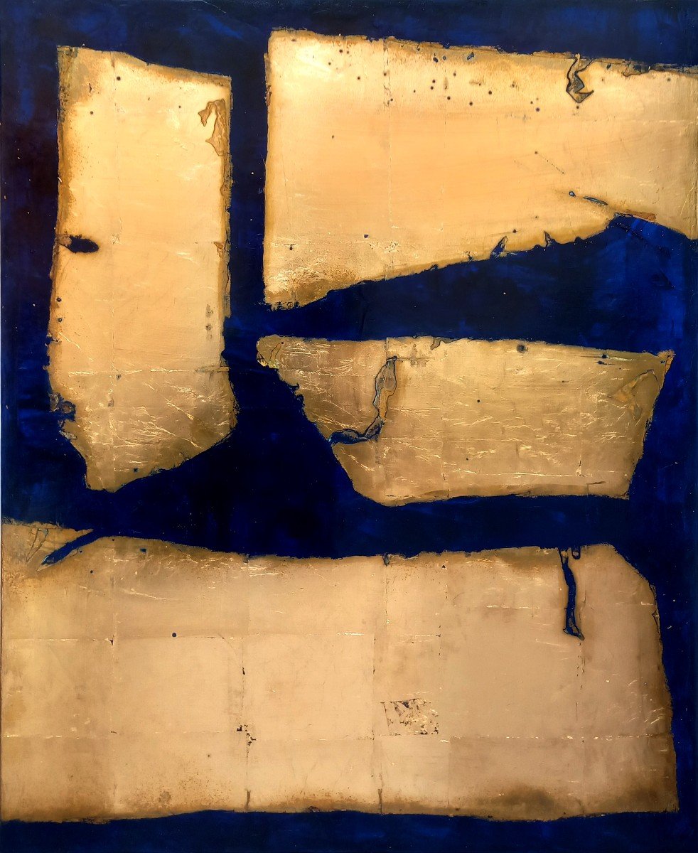 Feuille d'Or Et Bleu Klein Tableau Abstrait Moderne Et Minimaliste