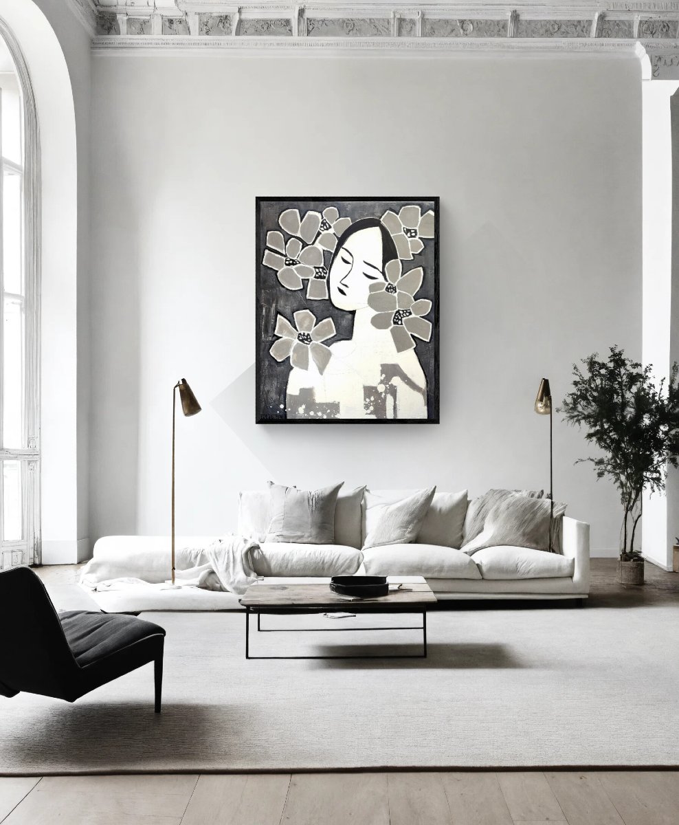 Large Painting On Canvas, Abstract, Portrait Of Woman With Flowers, Cubist.-photo-2