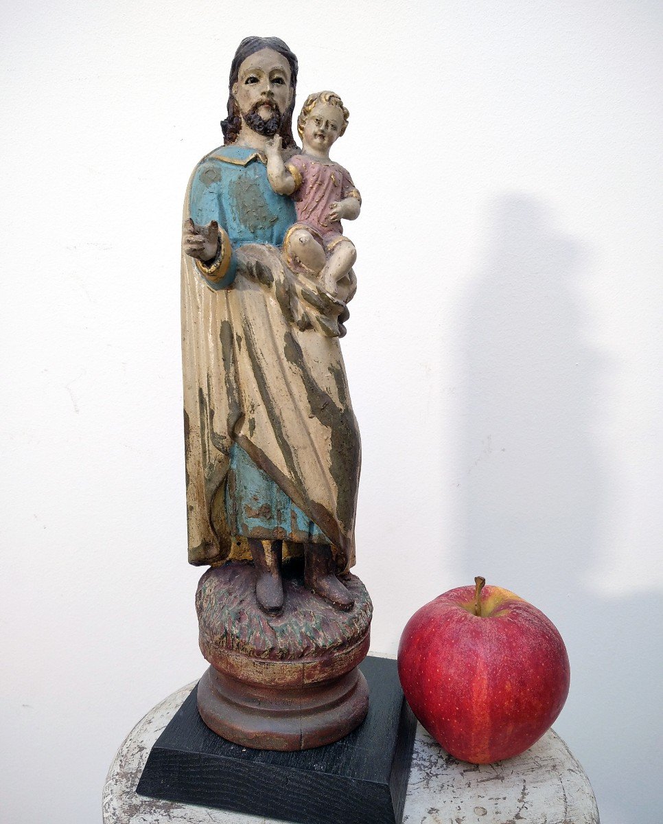 Statue St Joseph Child Jesus Carved Wood-photo-2