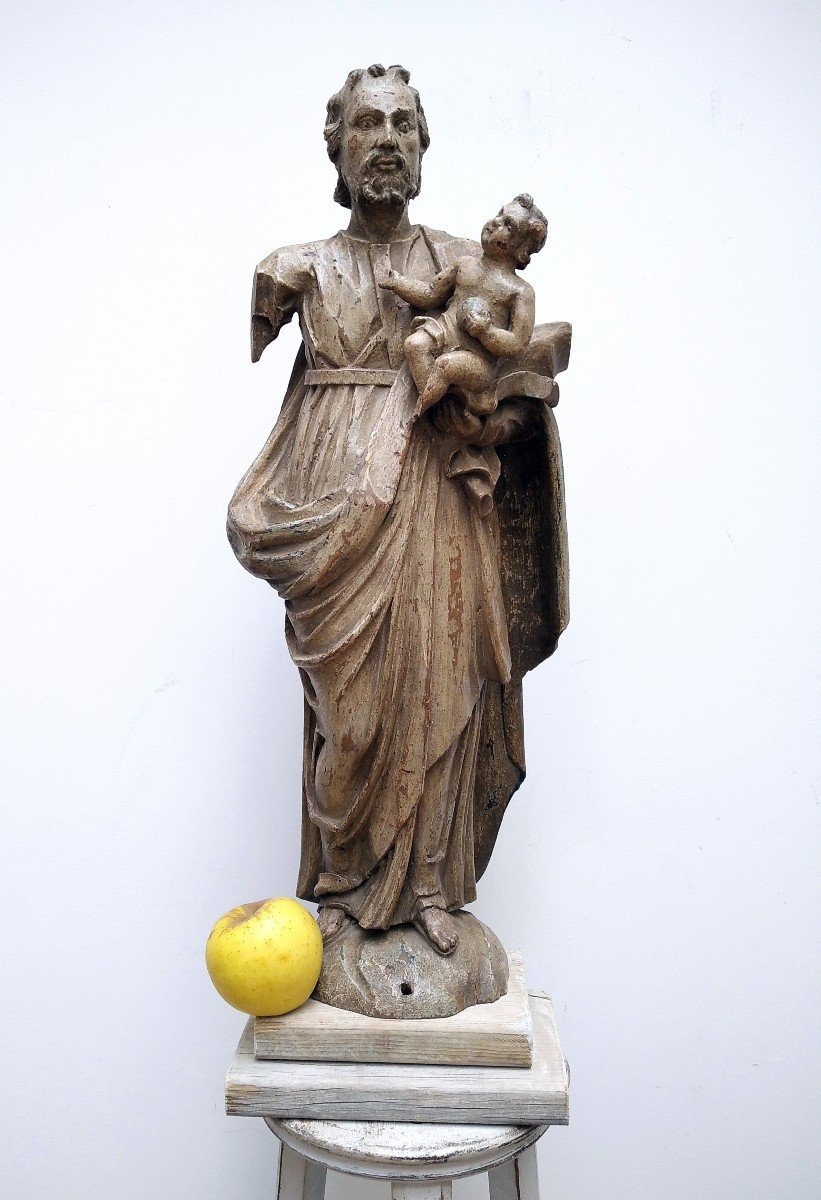 Statue St Joseph à l'Enfant Jésus Bois Sculpté 18 Siècle-photo-3