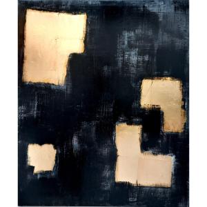 Feuille d'Or Et Peinture Noire Et Grise, Tableau Abstrait Moderne Et Minimaliste