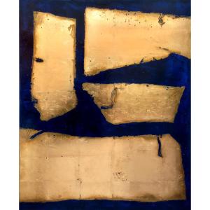 Feuille d'Or Et Bleu Klein Tableau Abstrait Moderne Et Minimaliste