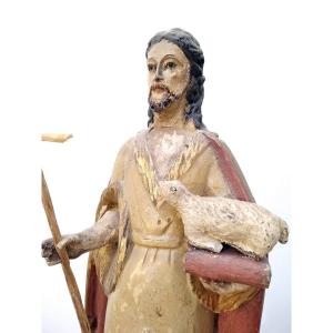 Statue St John The Baptist Carved Wood Glass Eyes