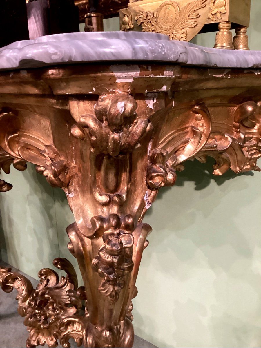 Piedmontese Console Of The Louis XV Period, In Carved And Gilded Wood With Gold Leaf. Imperial -photo-2