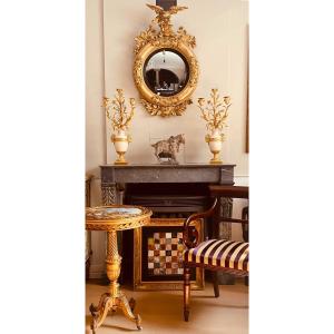 Rengency Mirror, In Golden-leaved Gold Carved Wood With Original Domed Mirror.