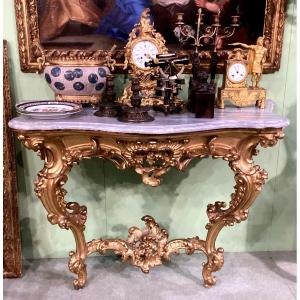 Piedmontese Console Of The Louis XV Period, In Carved And Gilded Wood With Gold Leaf. Imperial 