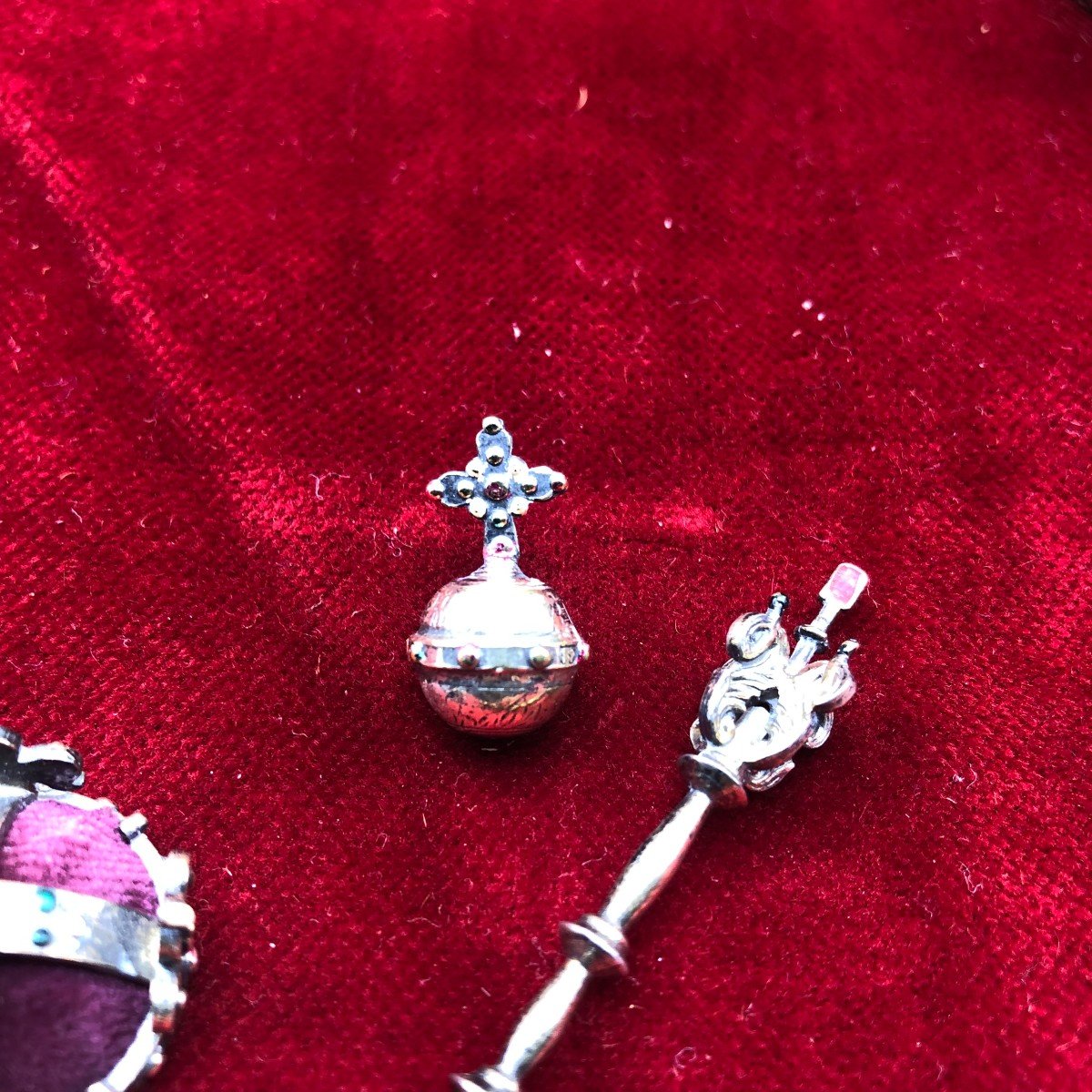 Miniature Royal And Imperial Insignia Of The Holy German Empire, Scepter, Crown And Earthly Orb-photo-1