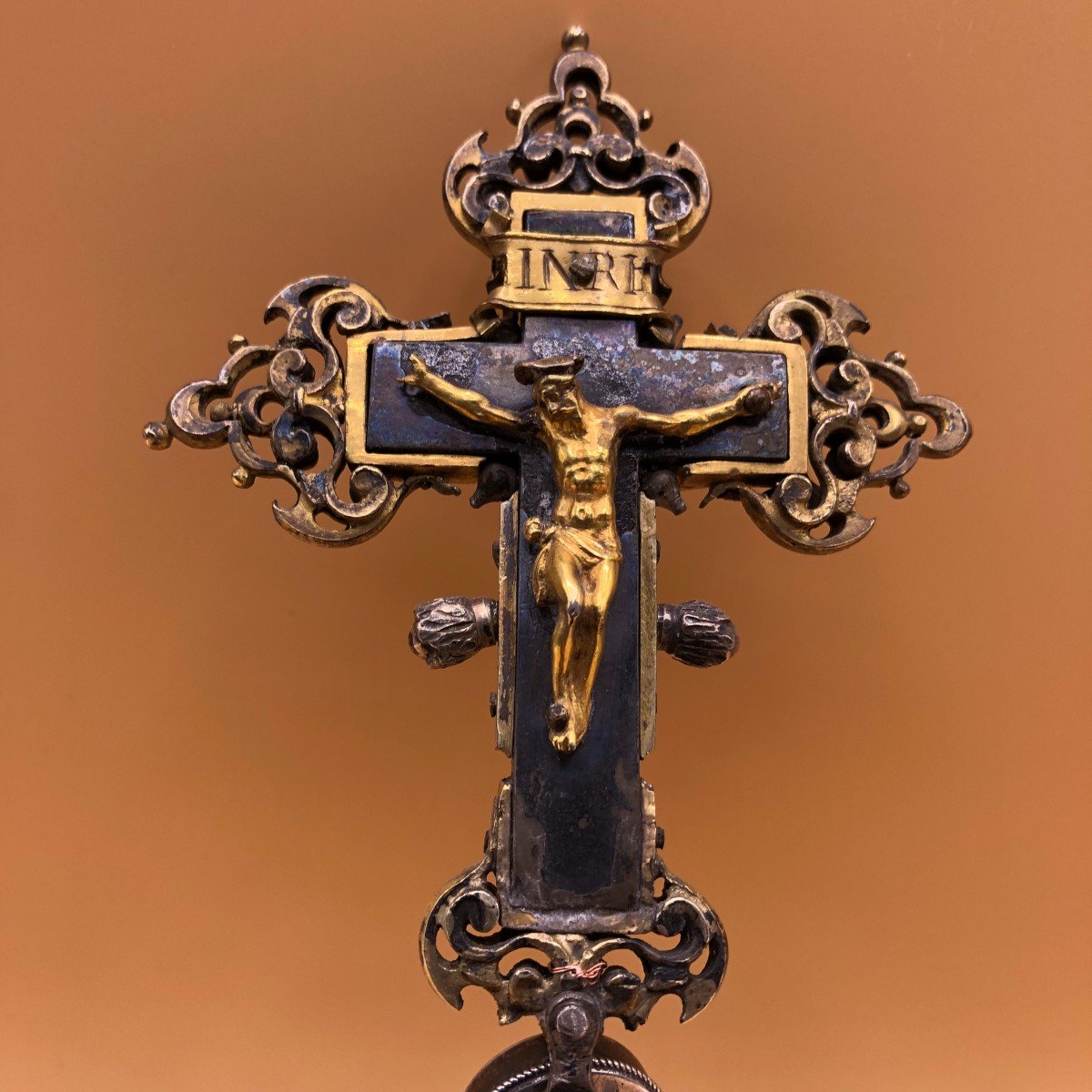 Croix En Argent, Bois ébonisé Et Bronze Doré Avec Sa Base-photo-4