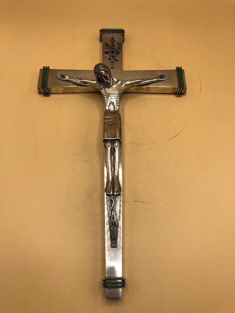 Crucifix In Silver And Enamel Work From The First Half Of The 20th Century 