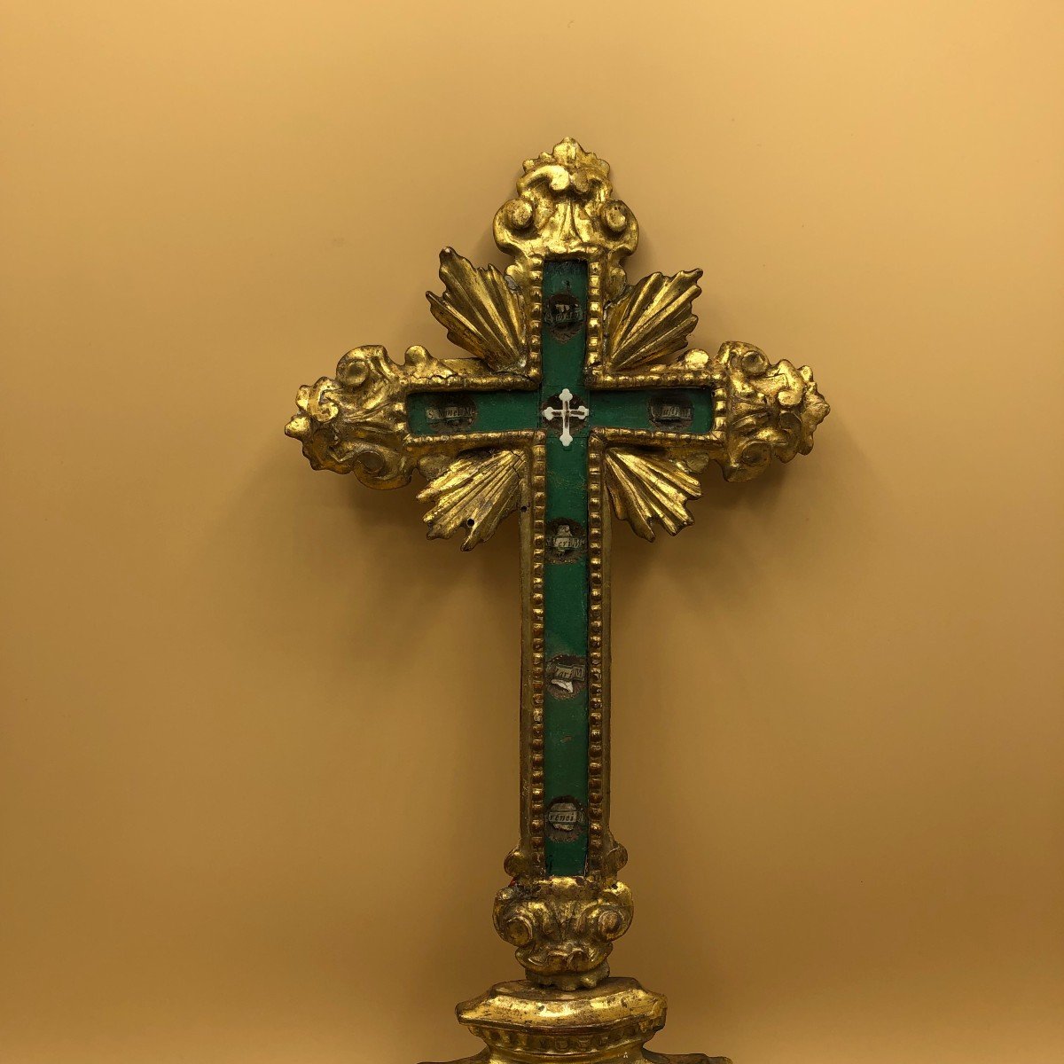 Golden Wooden Cross With 6 Rel. + Holy Cross Of Our Lady Of Jesus ​​christ-photo-2