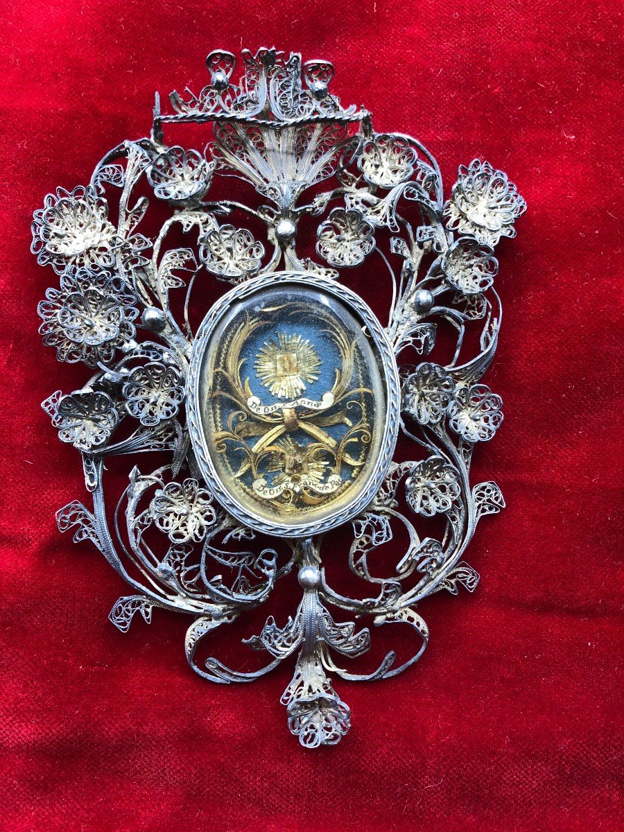 Silver Filigree Reliquary Of St. Anne Mother Of The Madonna And St. Francis Of Paola  ​​​​​​​