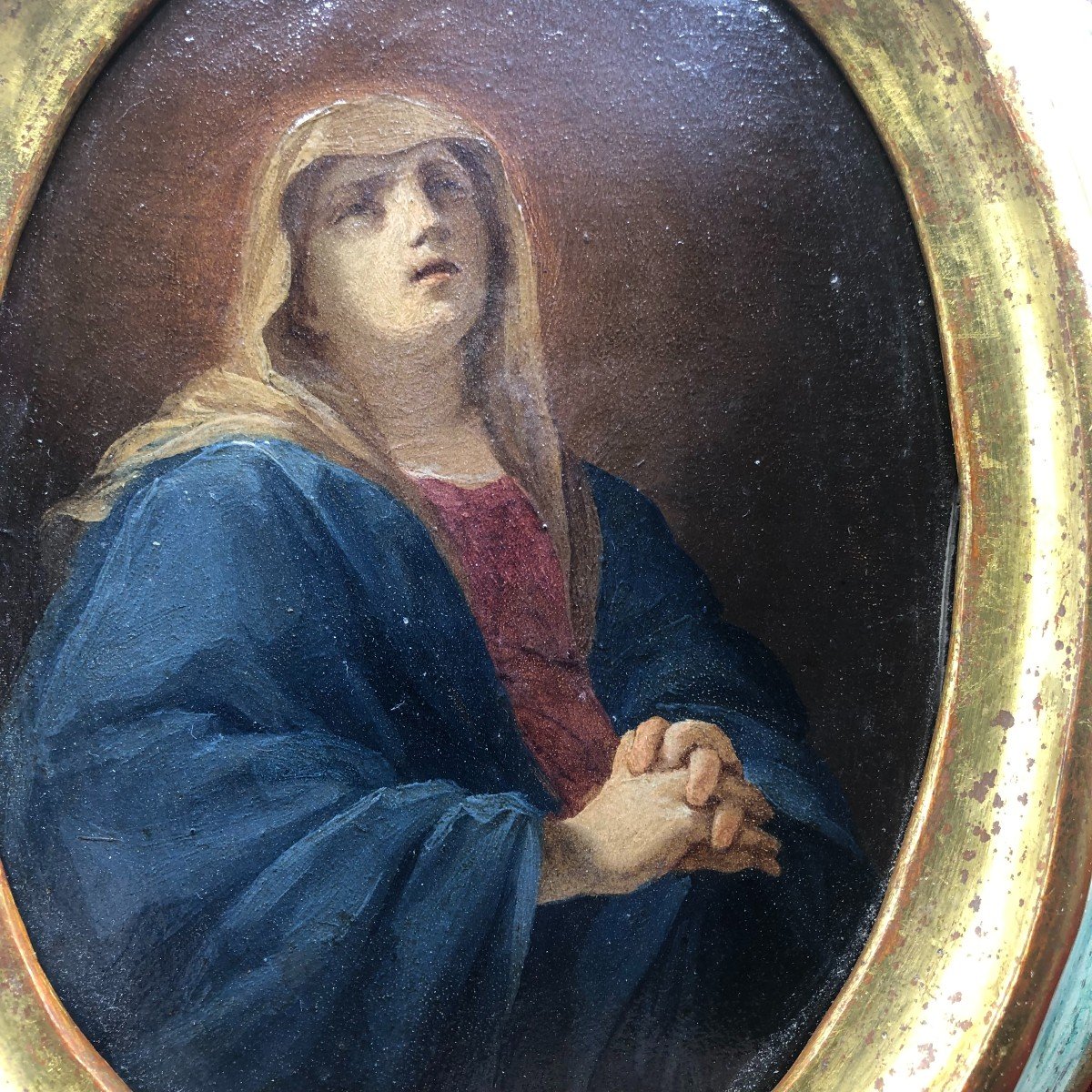 Copper Painting Of The Sorrowful B.v.m. In A Carved, Lacquered And Gilt Oval Frame-photo-2