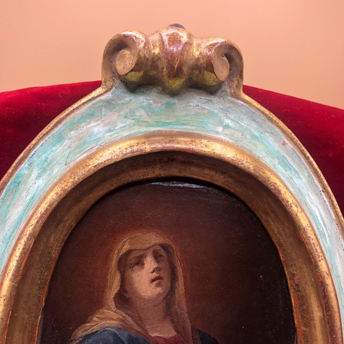 Copper Painting Of The Sorrowful B.v.m. In A Carved, Lacquered And Gilt Oval Frame-photo-3